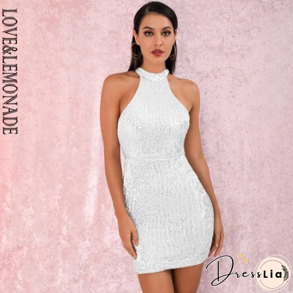 LoveLemonade Rose Gold Sexy Open Back Halter Dry Shoulder Slim Elastic Sequin Mini Party