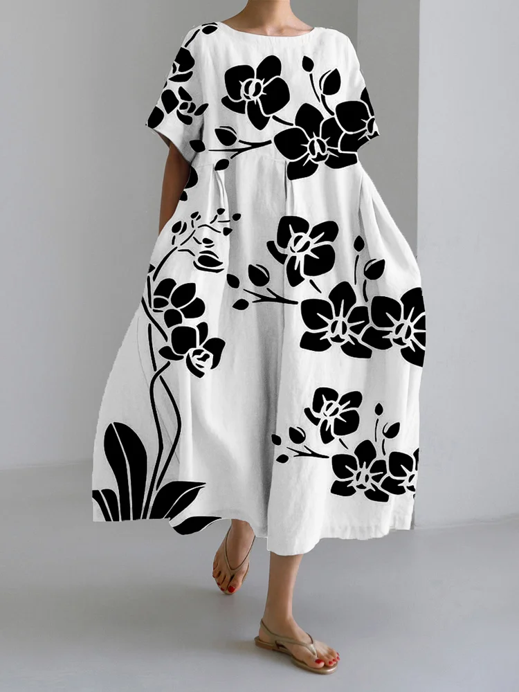 Elegant Casual Black Floral Loose  Dress