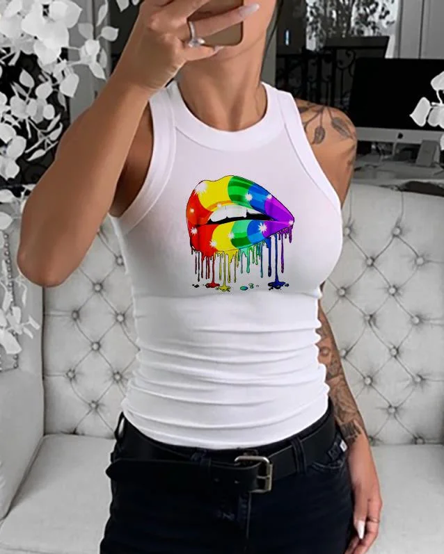 Lip print crew neck vest