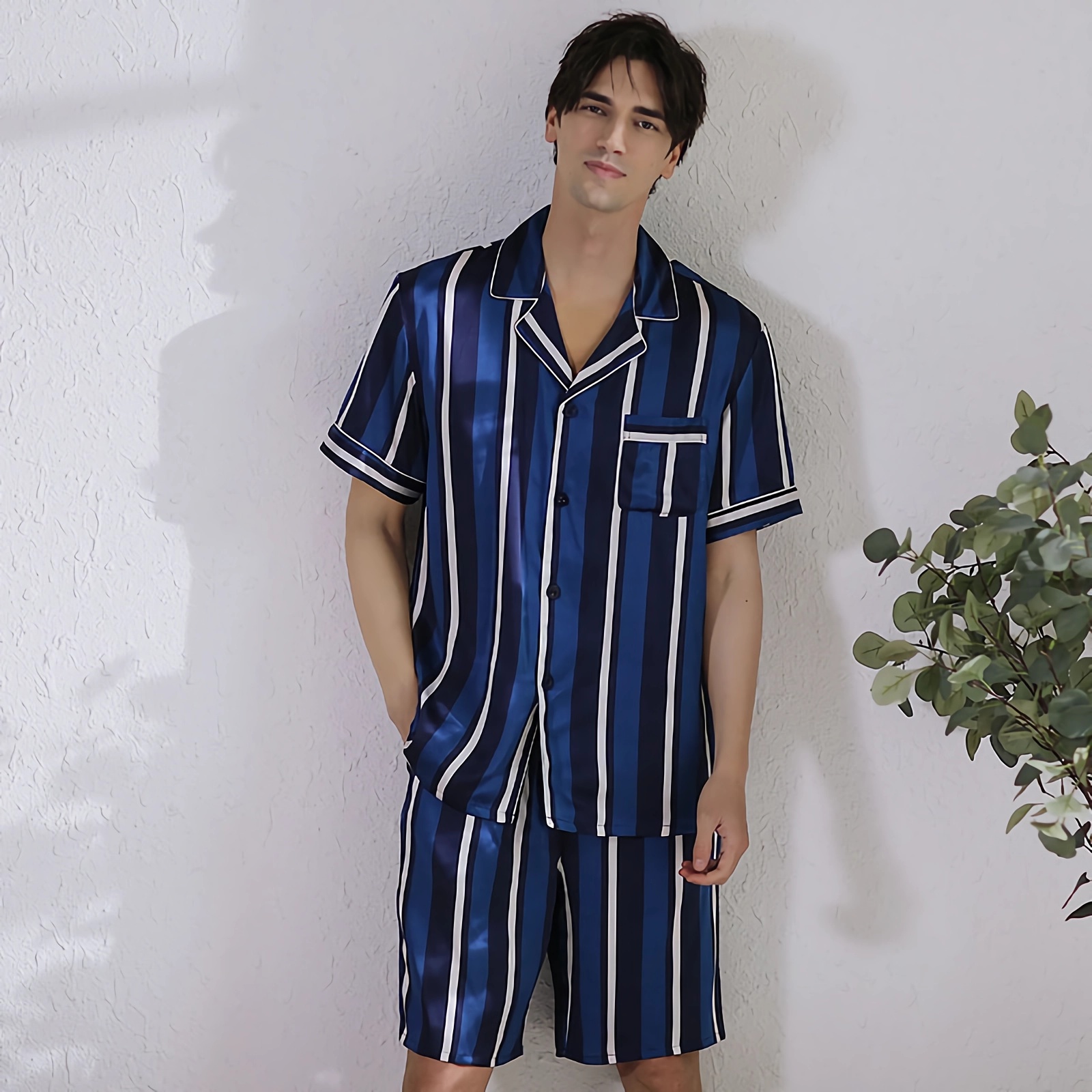 22 Momme Blue Striped Silk Pajamas Short Set For Men REAL SILK LIFE