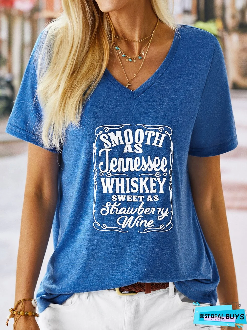 Letter Cotton-Blend Casual V Neck T-shirt