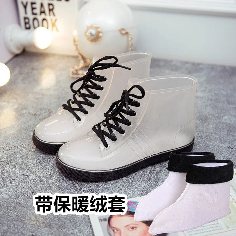 Jelly Transparent Anti-Slip Fashion Waterproof Shoes Rainshoes Rain Boots Shoe Cover Woolen Cotton Rubber Boots Female Short