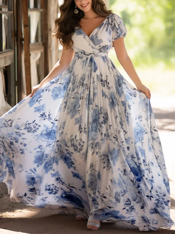 Plus Size V Neck Short Sleeve Printed Maxi Dress