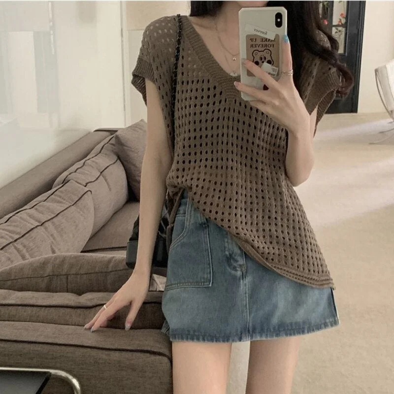 tlbang Vests Women V-neck Ins Hollow Out Fashion Summer Thin Korean Style Loose All-match Female Casual Sleeveless Temperament