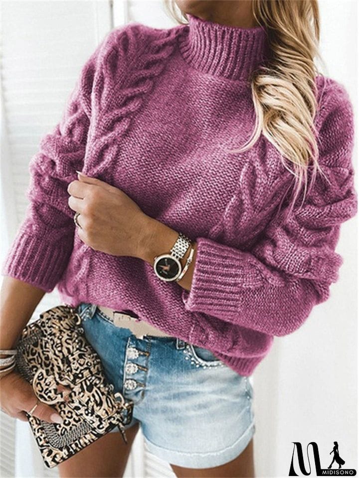 MidiSono - Casual Twisted Solid Color High-Neck Long-Sleeved Knitted Sweater