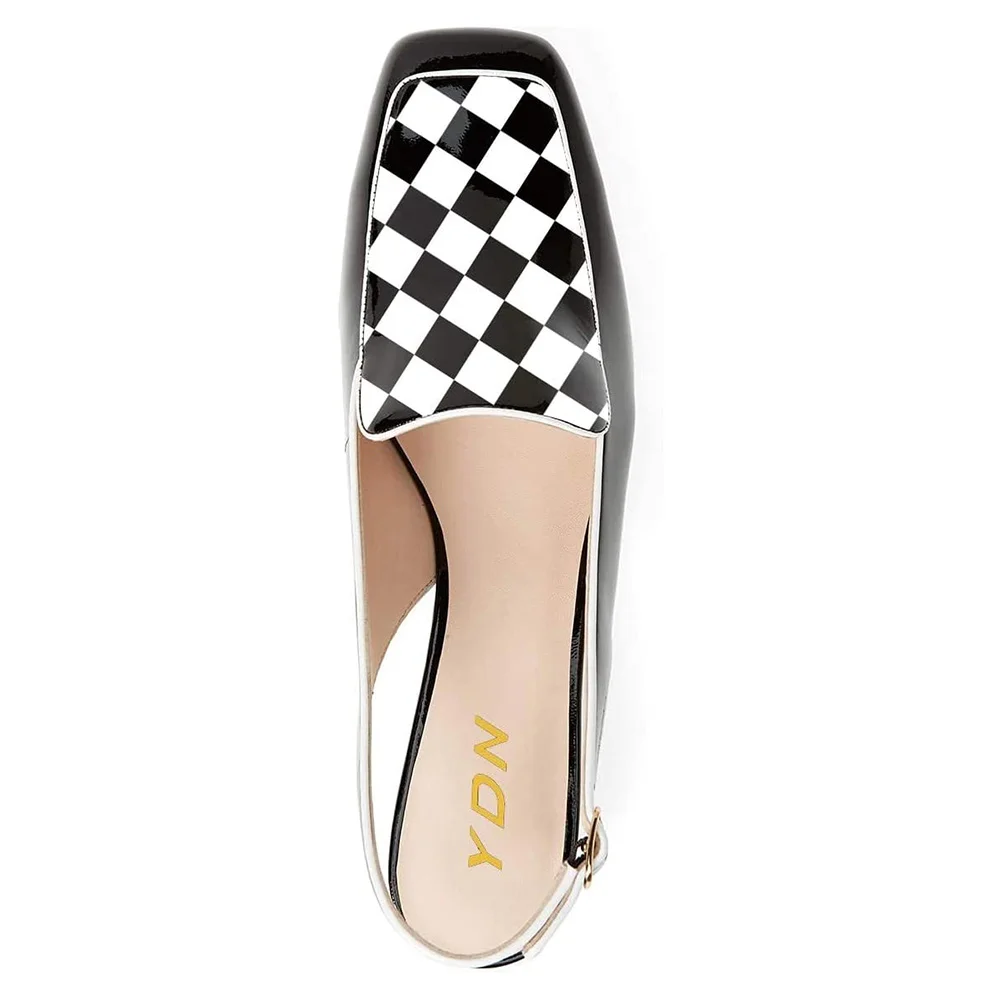 Classic Black & White Checkered Patent Leather Slingback Loafer Heels