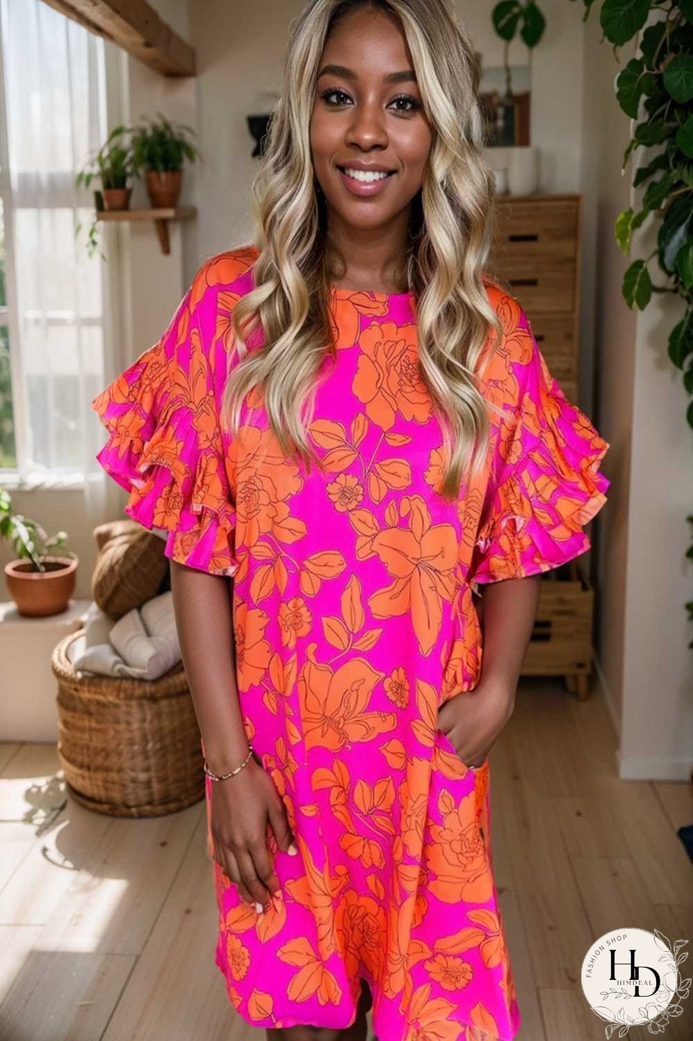 sloping shoulder ruffle print dress