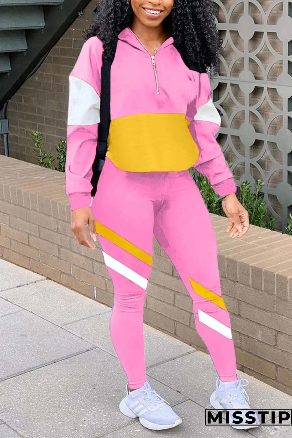 Orange Casual Sportswear Long Sleeve Zipper Collar Regular Sleeve Regular Patchwork Two Pieces
