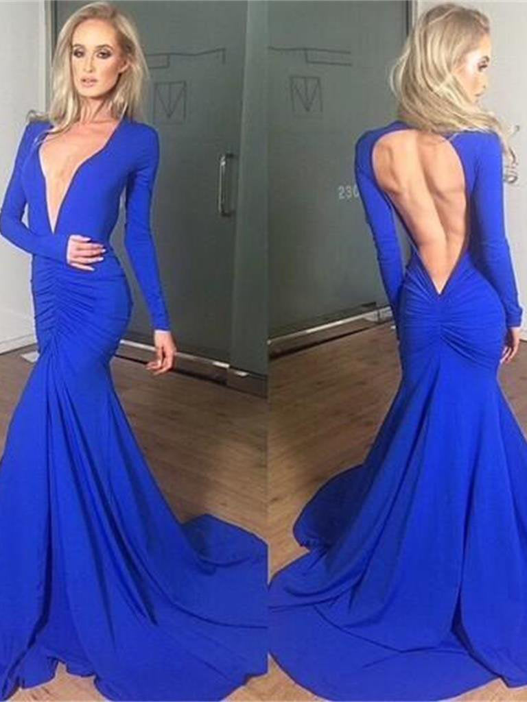 Bellasprom Royal Blue Prom Dress Mermaid Backless Long Sleeves 