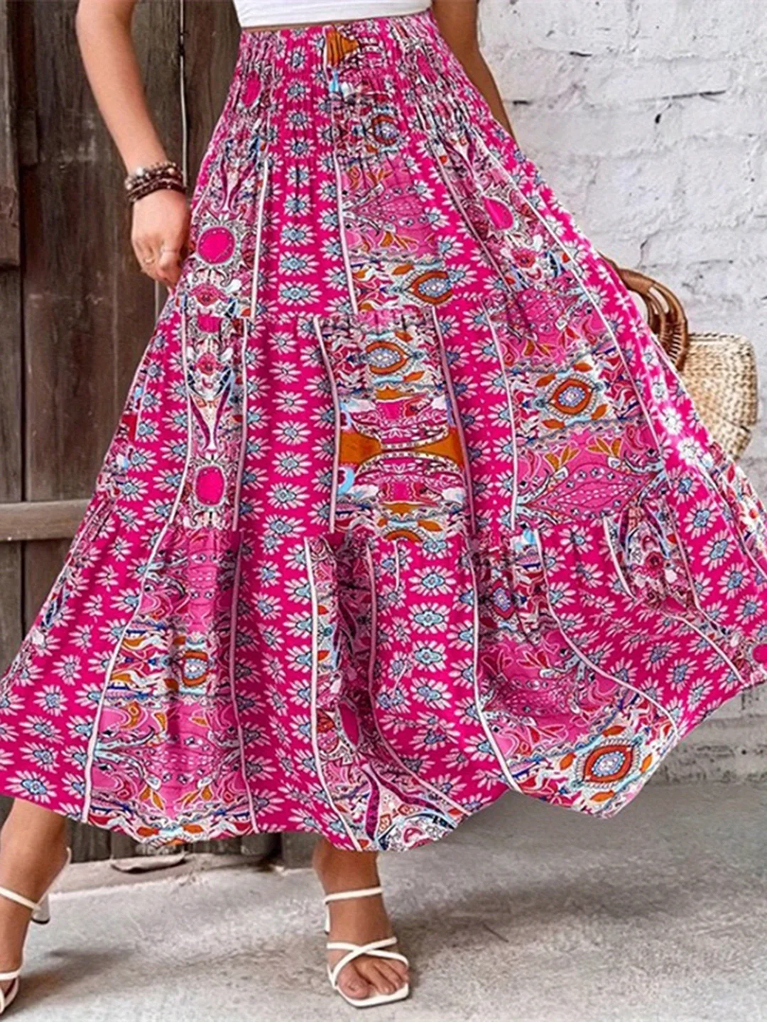 Women's Boho Floral Print High-Waist Pleated A-Line Maxi Skirt - Lightweight Summer Skirt With Vibrant Pink, Green & Blue Flowers, Elastic Waistband For Casual To Formal Wear, Versatile Fashion, Flowy Fabric | IFYHOME
