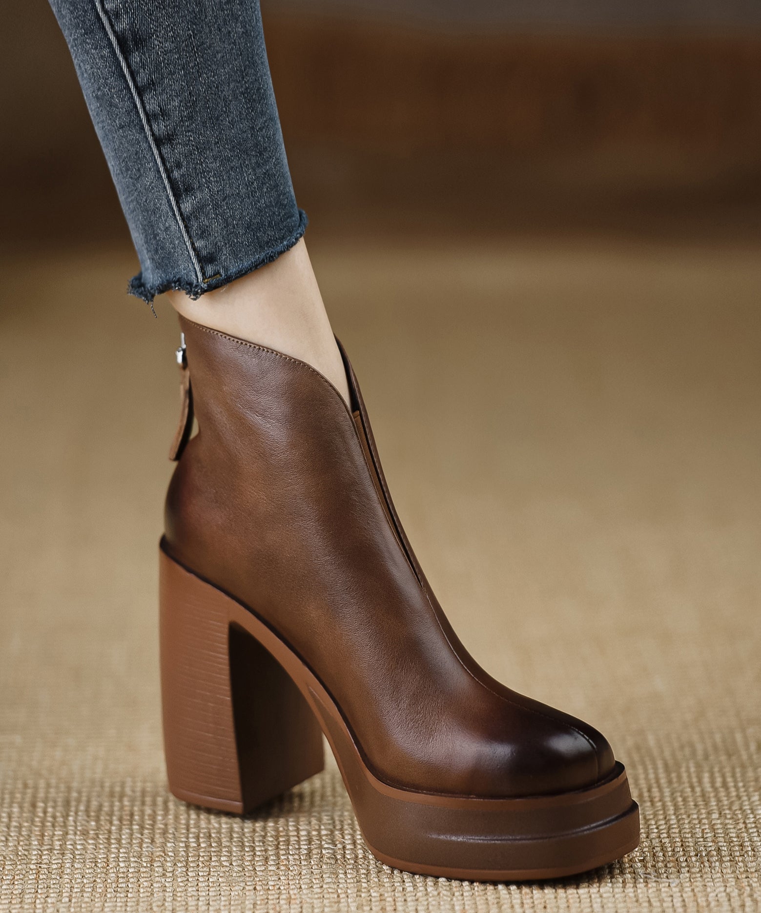 VCSHOES Brown High Heels Chunky Boots Cowhide Leather Zippered