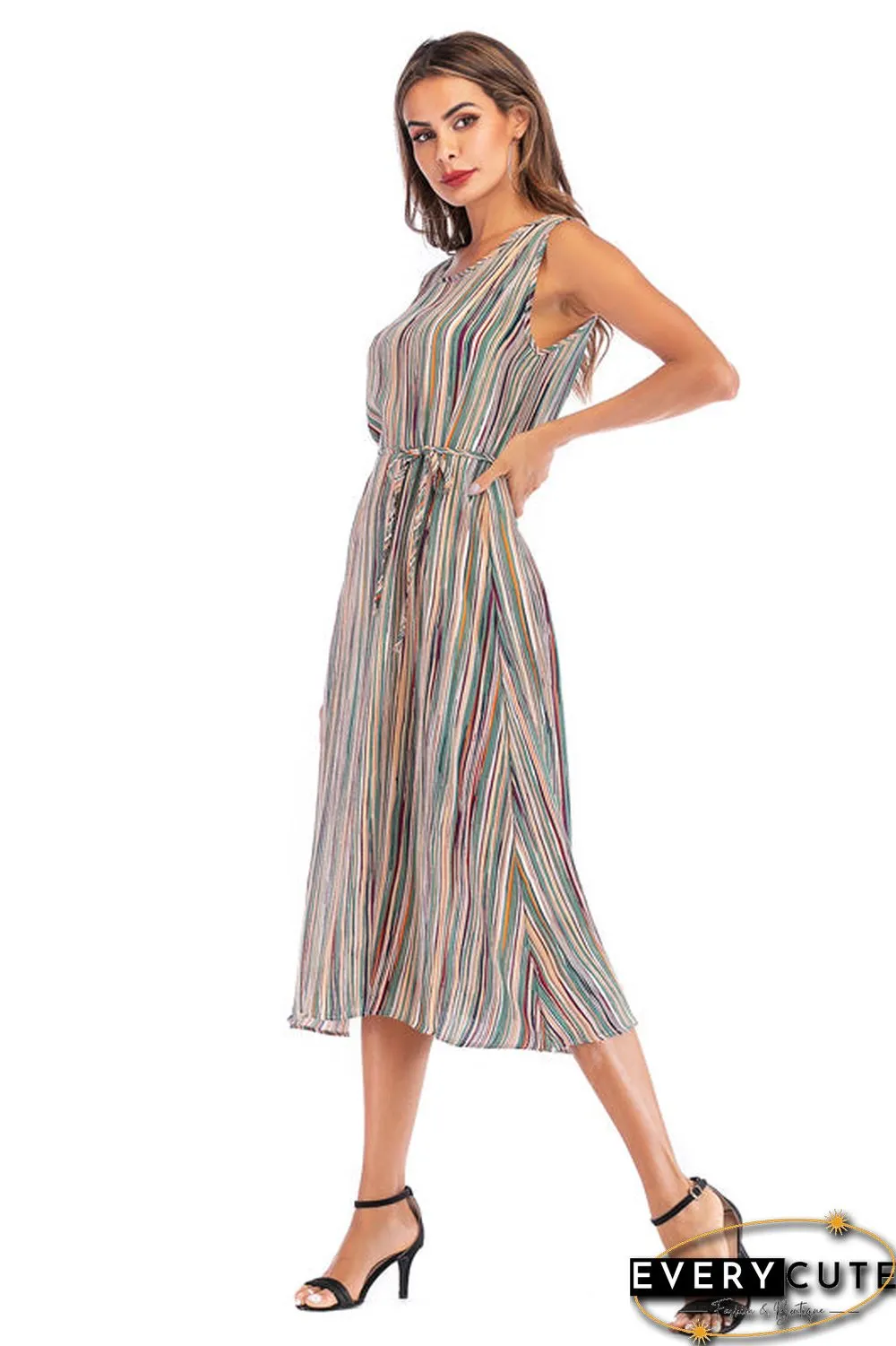 Colorful Striped Lace-up Sleeveless Long Dress