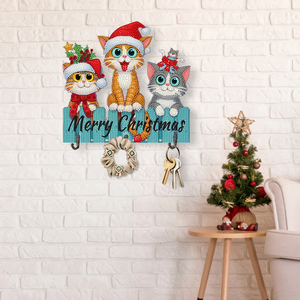 DIY Christmas Cat Wooden Christmas Diamond Art Hanging Hooks Home Decor