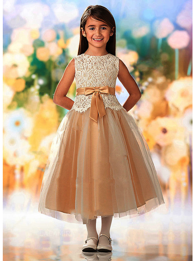Oknass A-Line Sleeveless Ankle Length Flower Girl Dress Lace Tulle With Sash Ribbon Appliques