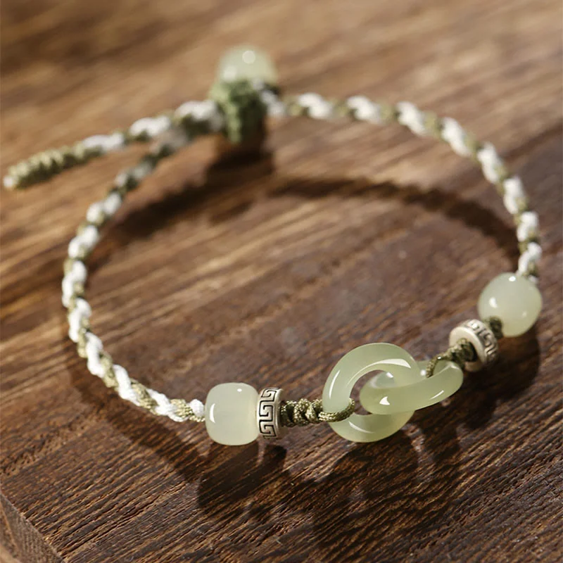 Natural Hetian Jade Peace Buckle Luck Braided Bracelet