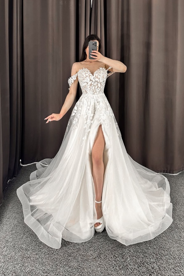 Ovlias Elegant White Off-Shoulders Sweetheart Wedding Dress Pleated with High Split DE0005