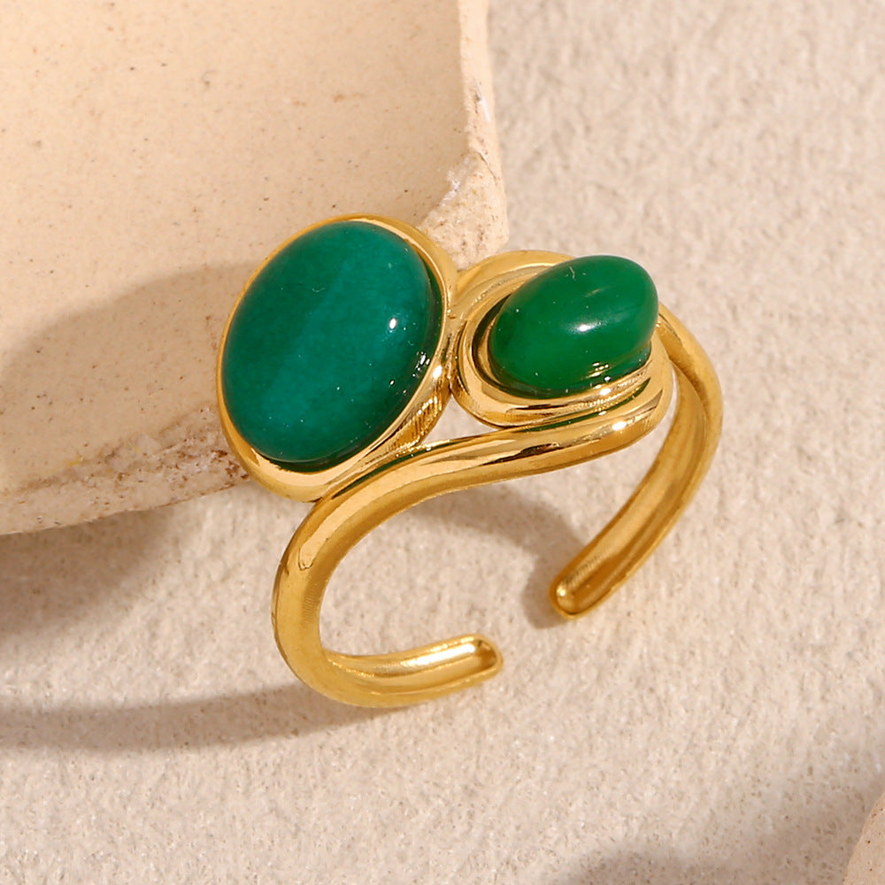 Hot Sale Retro French Style Stainless Steel 18K Gold Plated 2 Emerald Open Ring For Women