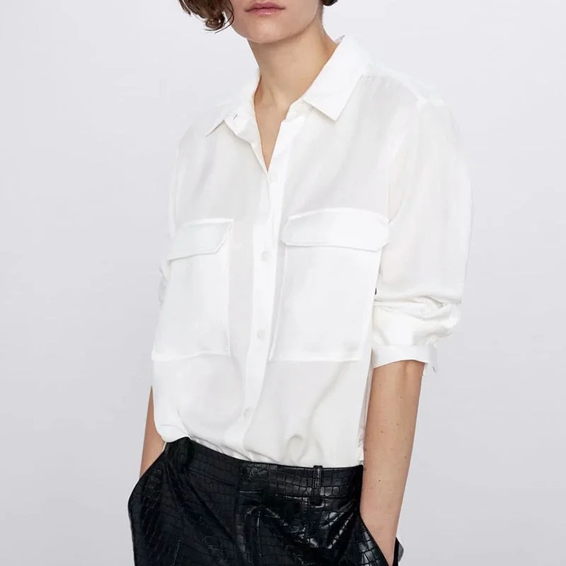 Za Women's Blouses White Shirts Mujer Blusas Long Sleeves Female Solid Streetwear Pockets Clothes Fashion Wear Ladies Office BF