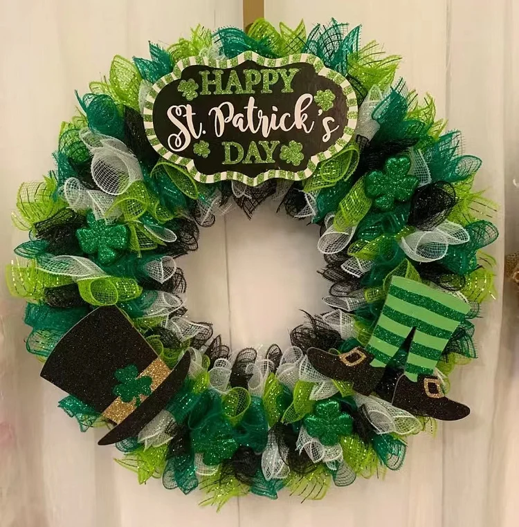 St.Patrick's Day Wreath for Front Door Green Bling Mesh Decorations
