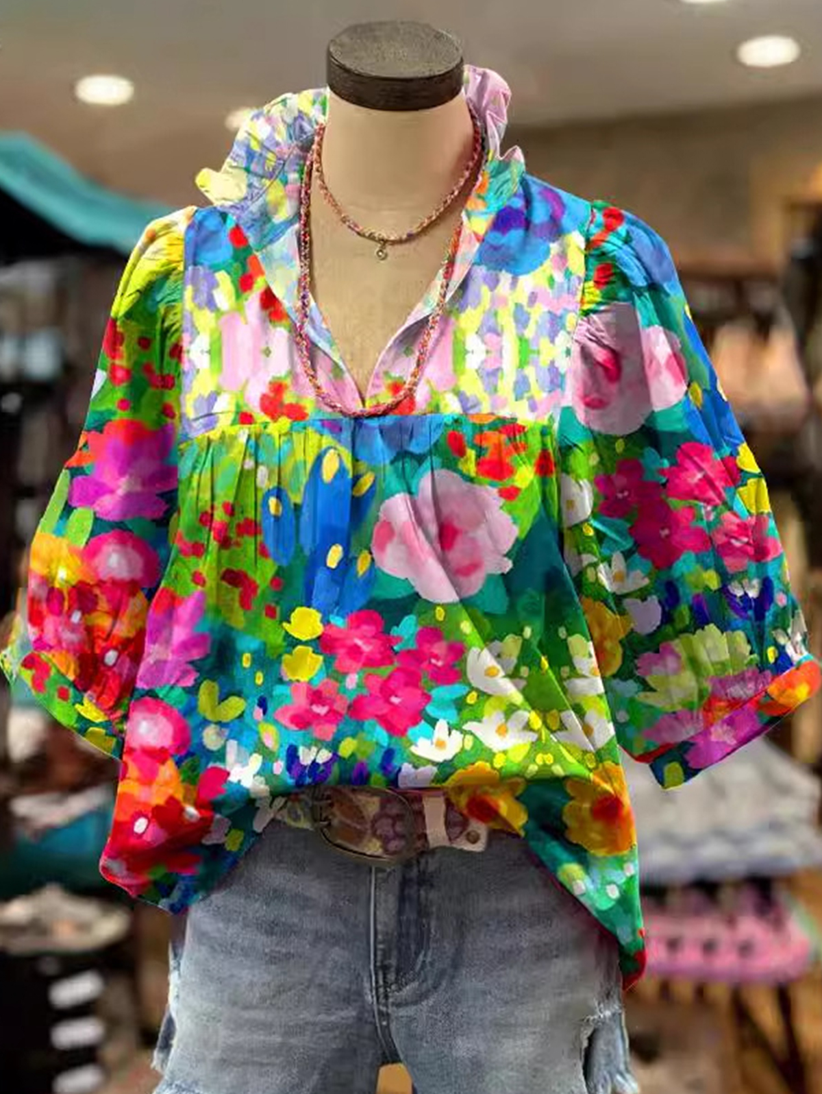 Daily Ruffled V Neck Floral Print Puff Sleeve Blouse