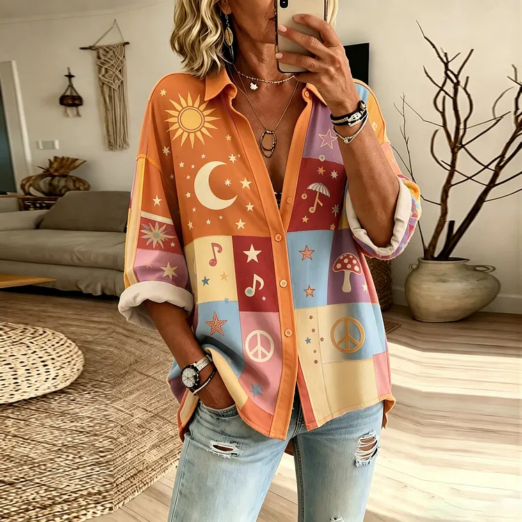 Women's Hippie Sun Moon Stars And Music Art Patchwork Linen Vintage Long Sleeve Shirt