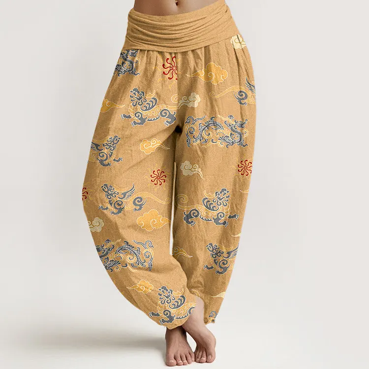 Cotton Gorgeous Dragon Auspicious Beast Cloud Pattern Women's Elastic Waist Harem Pants