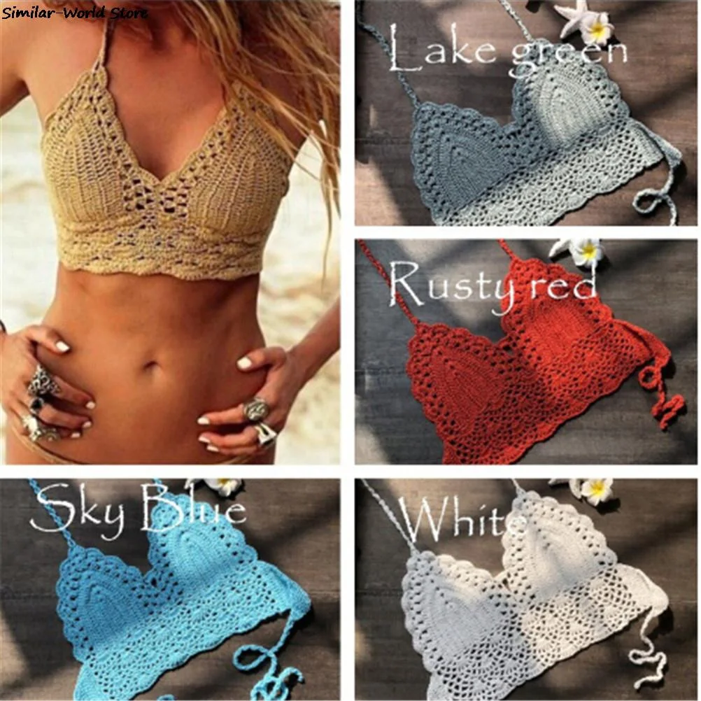 New Knit Crochet Cami Summer Bikini Beach Crop Top Sexy Women Bralette Halter Neck Crop Tops S / M / L / XL HOT
