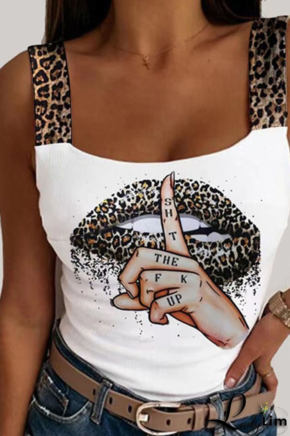 White Casual Print Split Joint Spaghetti Strap Tops