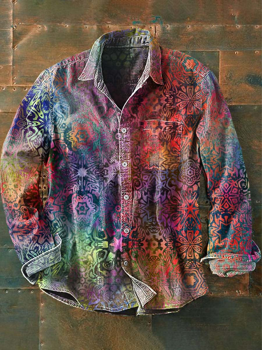 Men's Vintage Ethnic Swirl Circle Print Casual Lapel Long Sleeve Shirt