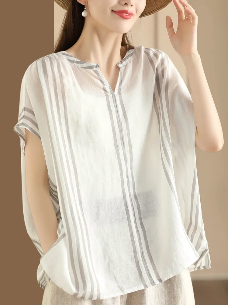 Women Summer Artsy Stripe V-Neck Thin Linen Shirt