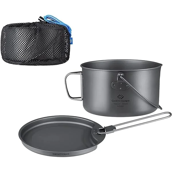 COOK'N'ESCAPE Titanium Camping Cooking Pot, Camping Cookware Set with Folding Handle,Compact Frying Pan Open Over Fire Cooking for Outdoor Backpacking Hiking Picnic 0.75L Pot