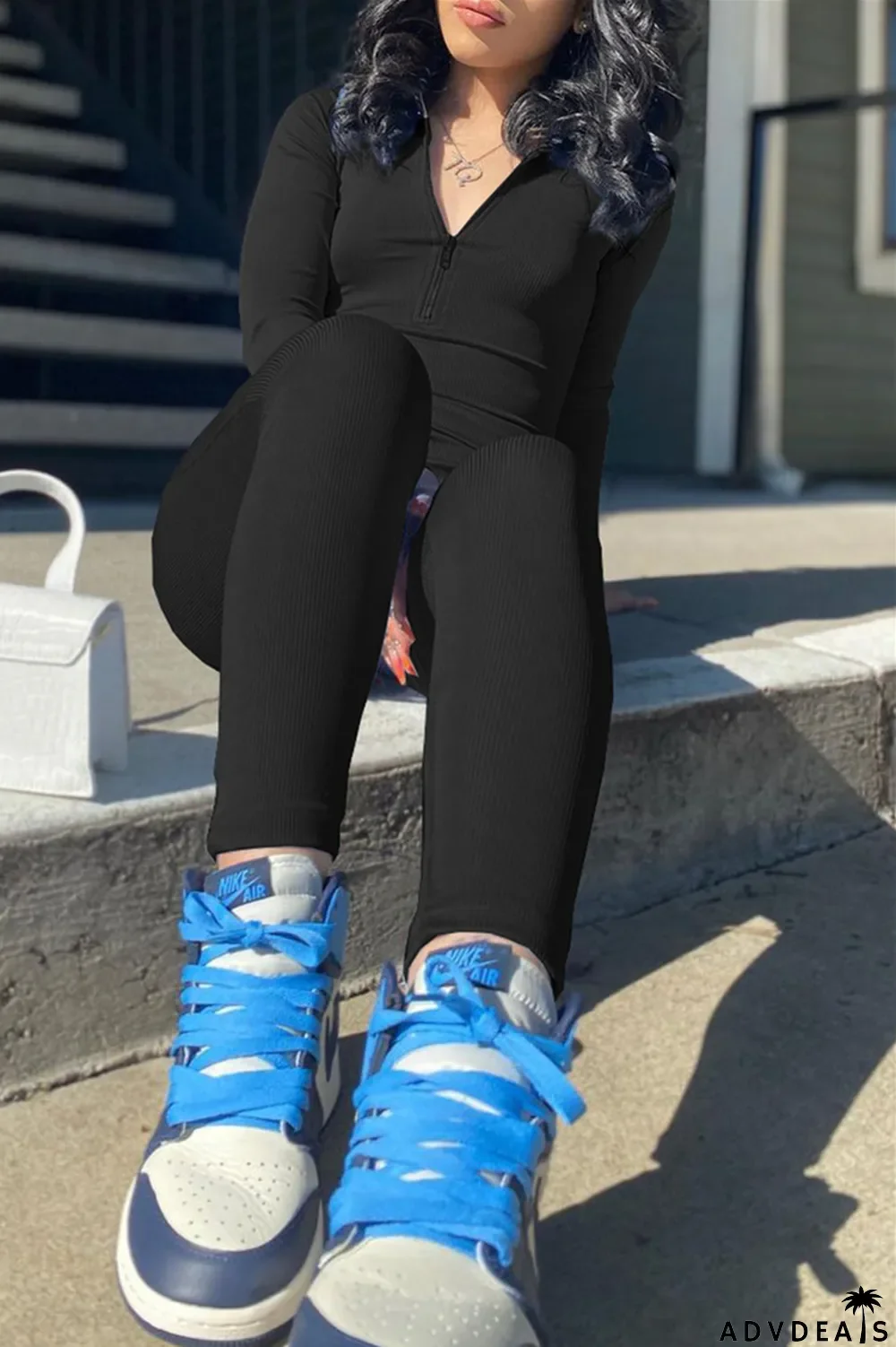 Light Blue Fashion Casual Solid Basic Zipper Collar Skinny Jumpsuits