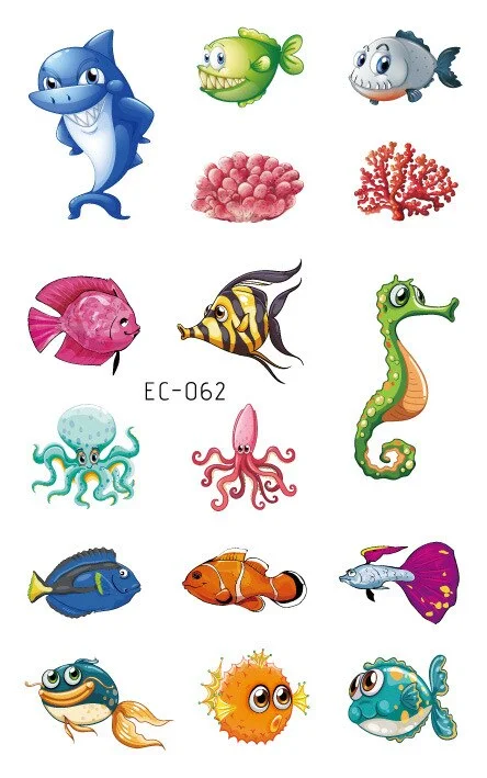24 kinds Temporary Tattoo Stickers for Kids Cute Cartoon Tropical Fish Marine faux tatouage temporaire Disposable Children Gift