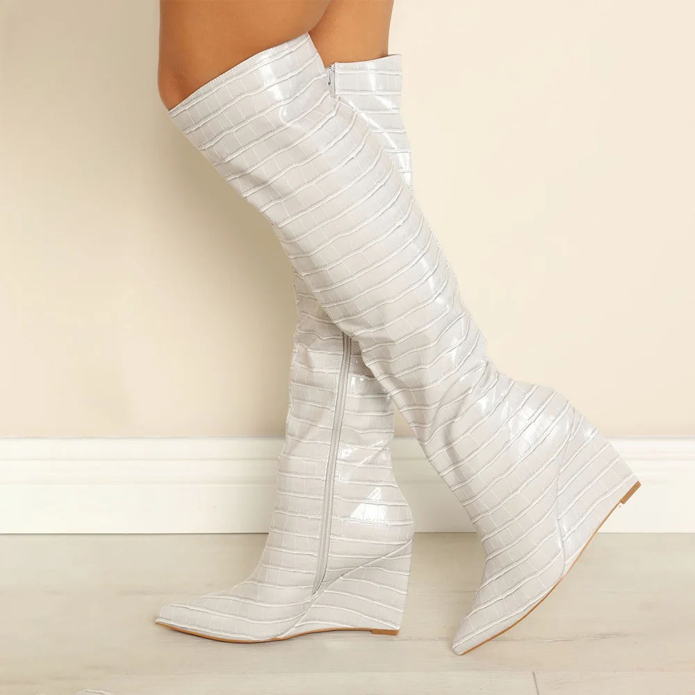 White Almond Toe Boots Wedge Heel Checkered Leather Thigh Knee High Boots