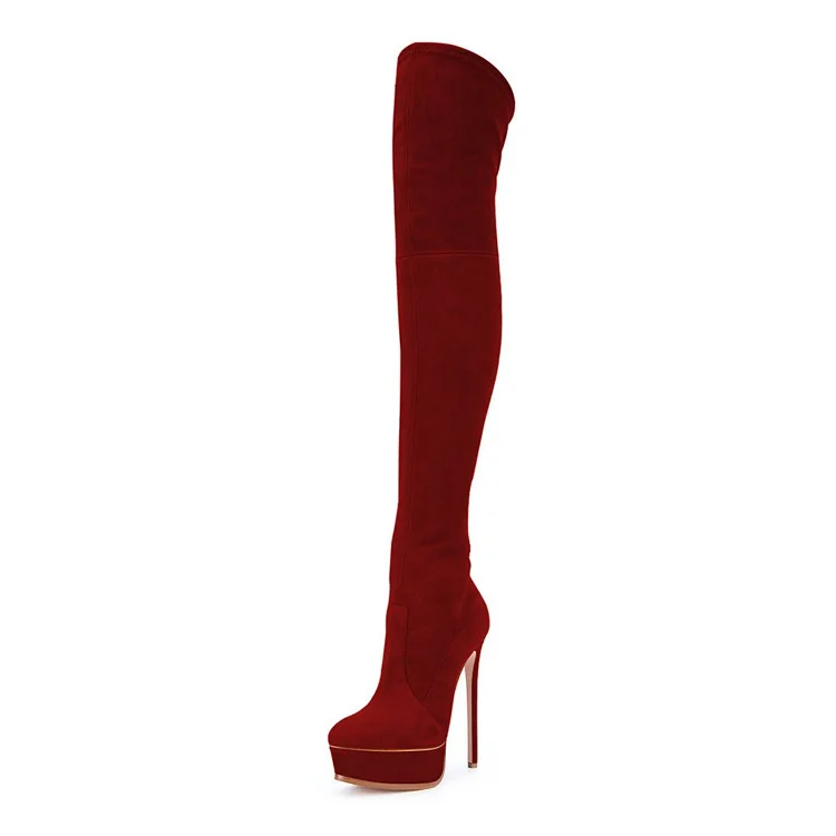 Fashion Maroon Almond Toe Platform Heels Long Vegan Suede Stiletto Boots |FSJ Shoes