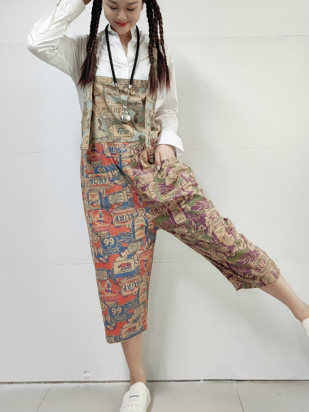 Women's Plus Size Floral Printed Casual Retro Cropped Workwear Denim Overalls Jumpsuit