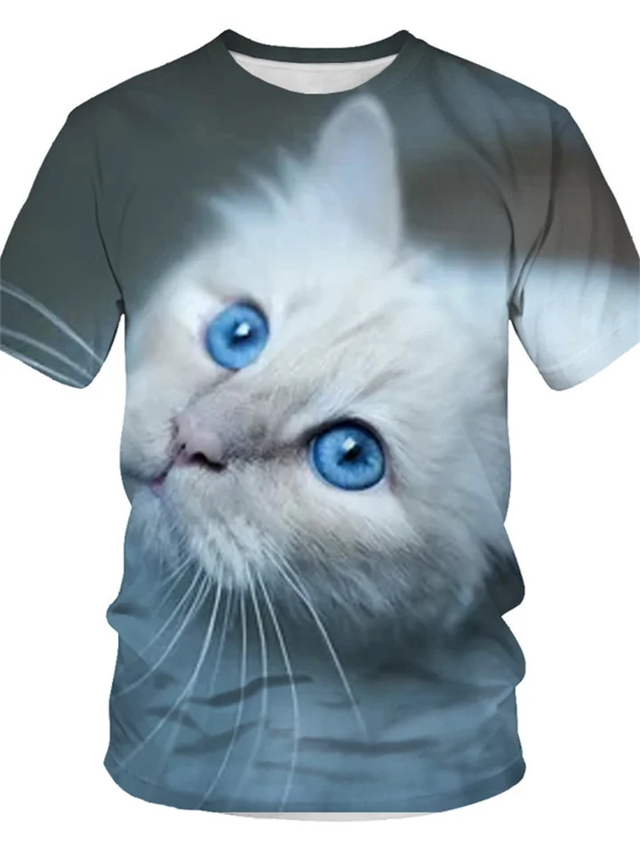 3D Effect Cat Print Short Sleeve Green Gray Navy Blue-Cosfine