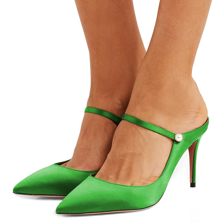 Green Pointy Toe Mule Stiletto Heels sandals for Women |FSJ Shoes