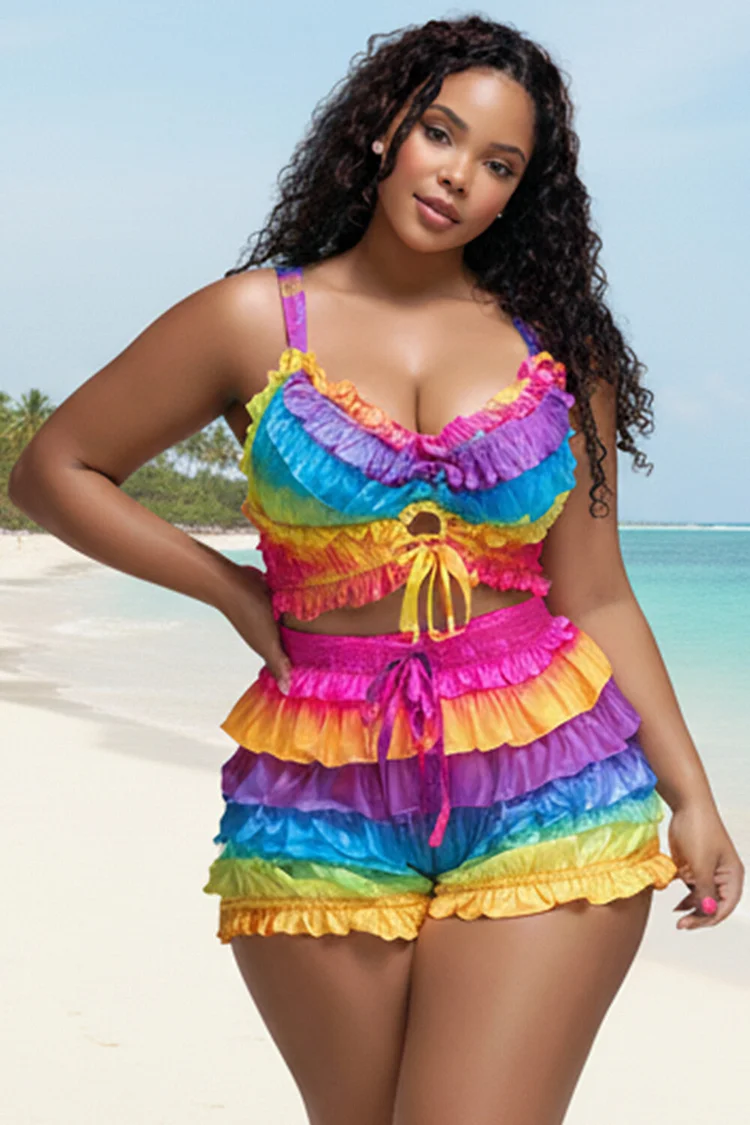 Xpluswear Design Plus Size Beach Rainbow Colorblock V Neck Ruffle Tiered Swimsuit Fabric Two Pieces Swimsuit [Pre-Order] 2024 - Xpluswear