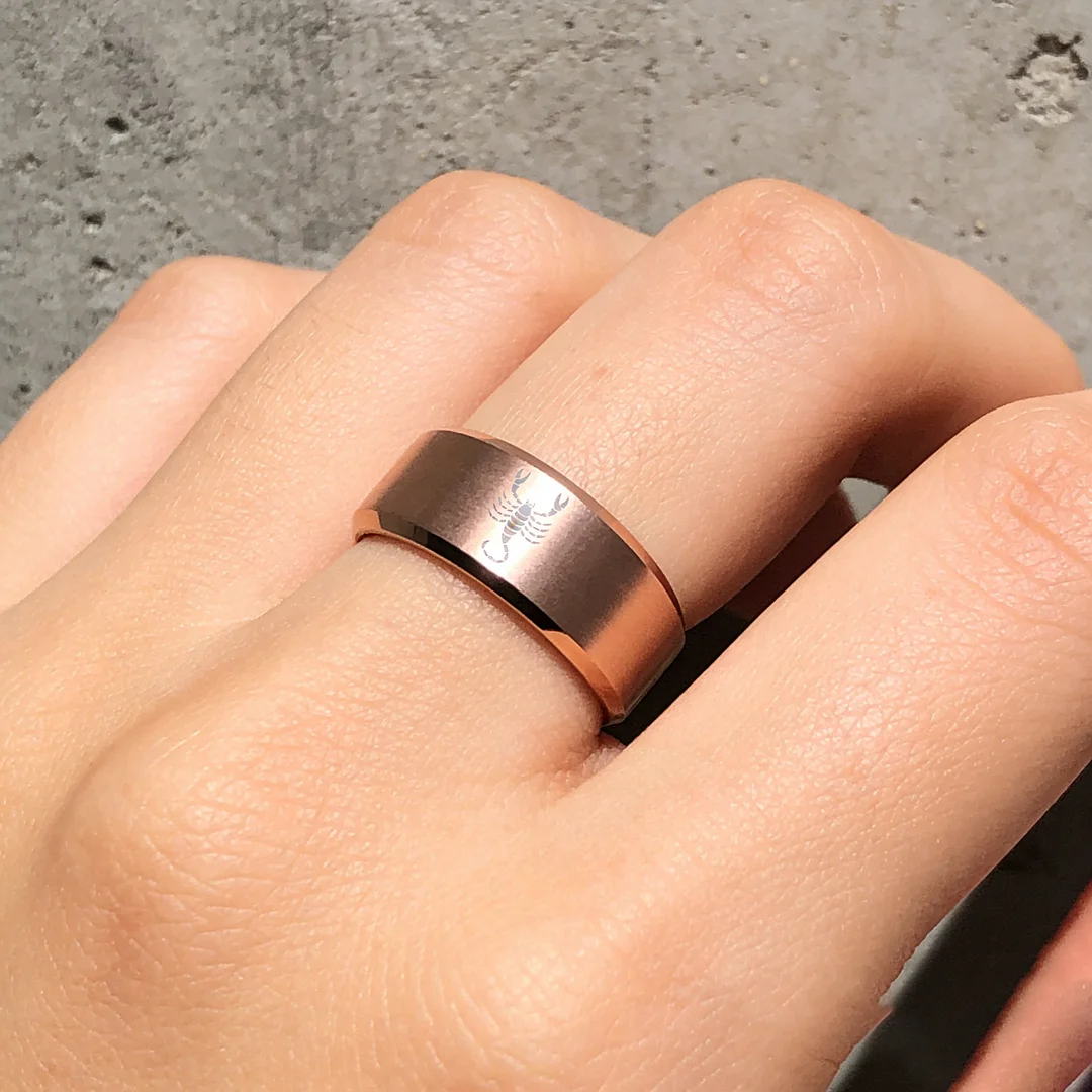 Rose Gold Scorpio Tungsten Wedding Ring Beveled Edges Rose Gold Laser Etched Couple Tungsten Carbide Rings 4MM 6MM 8MM