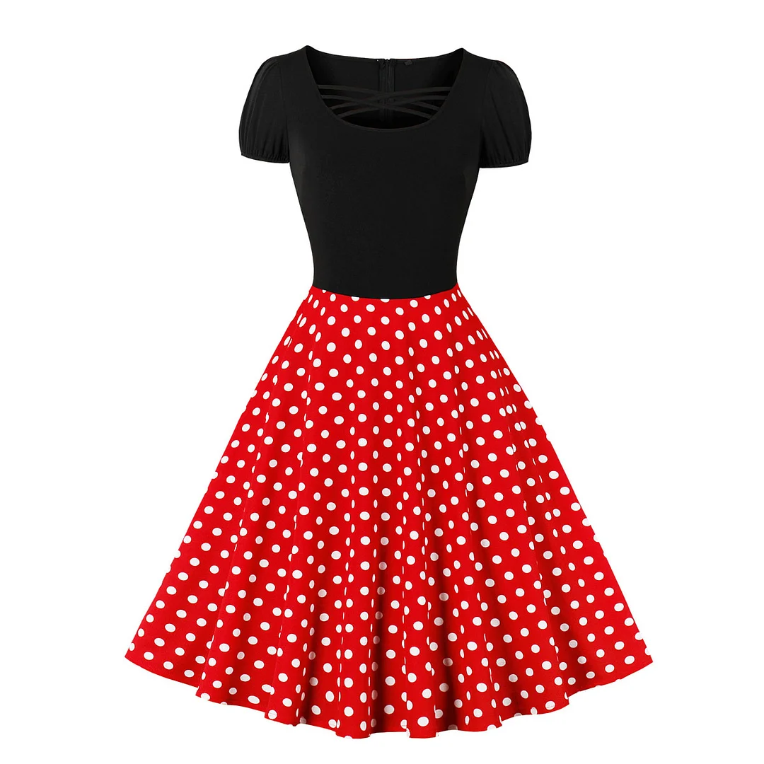 Waistband polka dot short sleeved retro dress