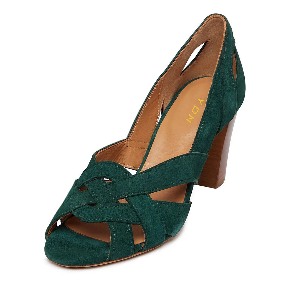 Dark Green Faux Suede woven Inlay Open Toe Block Heel Elegant Pumps