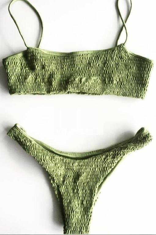 Army Green Smocked High Cut Cheeky Thong Sexy Bikini Bathing Suit-elleschic