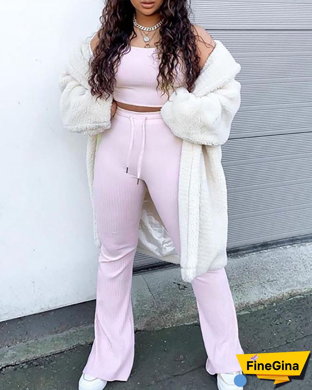Solid Crop Top & Bell-bottom Drawstring Pant Set P15112