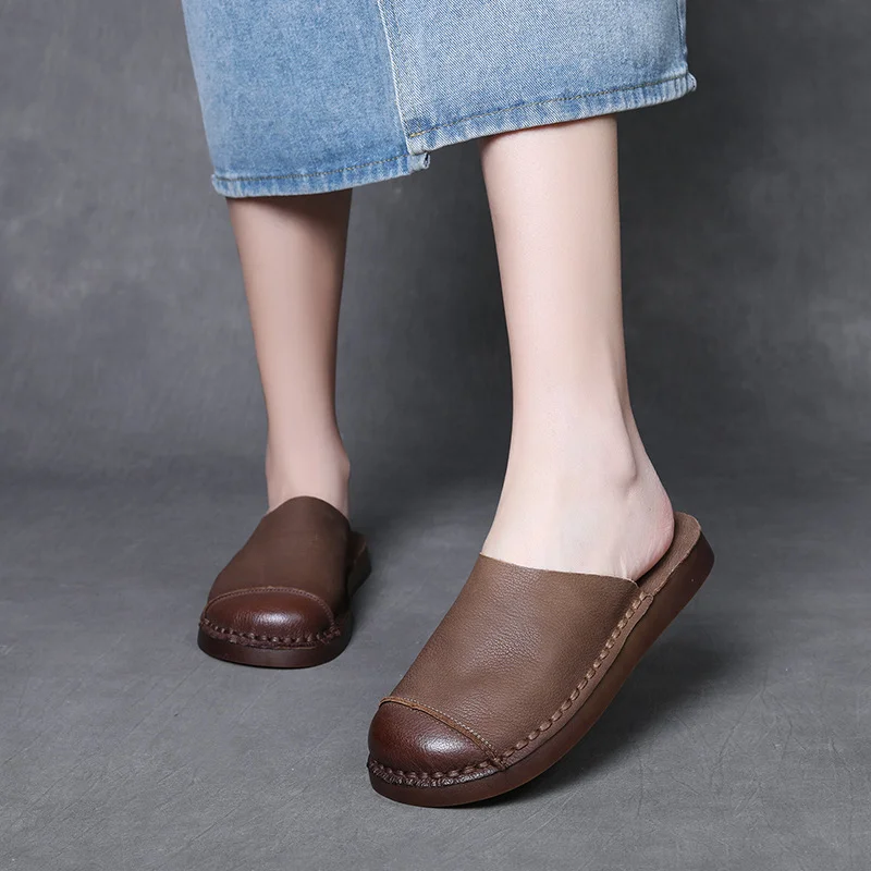 Yyvonne Time 99] Head-Level Cow Skin Retro Wearing Baotou Half Slippers Women's Summer Comfortable Leisure Boun Slippers