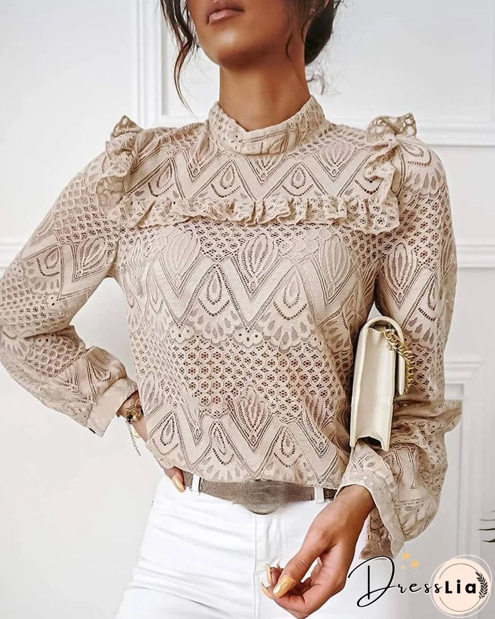 Lace Frill Hem Hollow Out Long Sleeve Top P12973