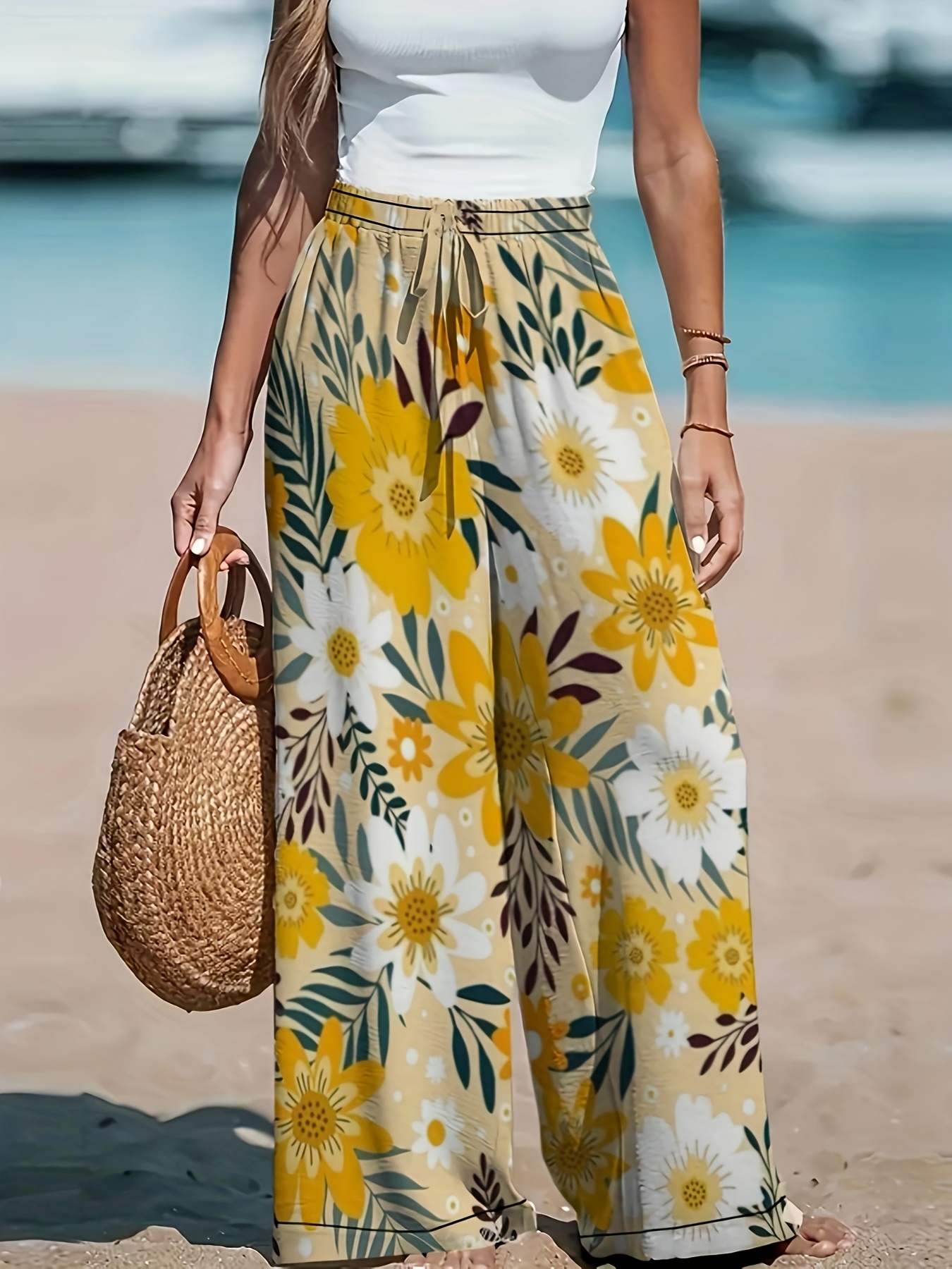 Womens Elegant Yellow Floral Print Wide-Leg Pants Elastic Waist Drawstring Machine | IFYHOME