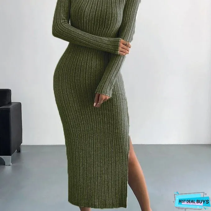 Women's Long Sleeve Crew Neck Split Knitted Dresses