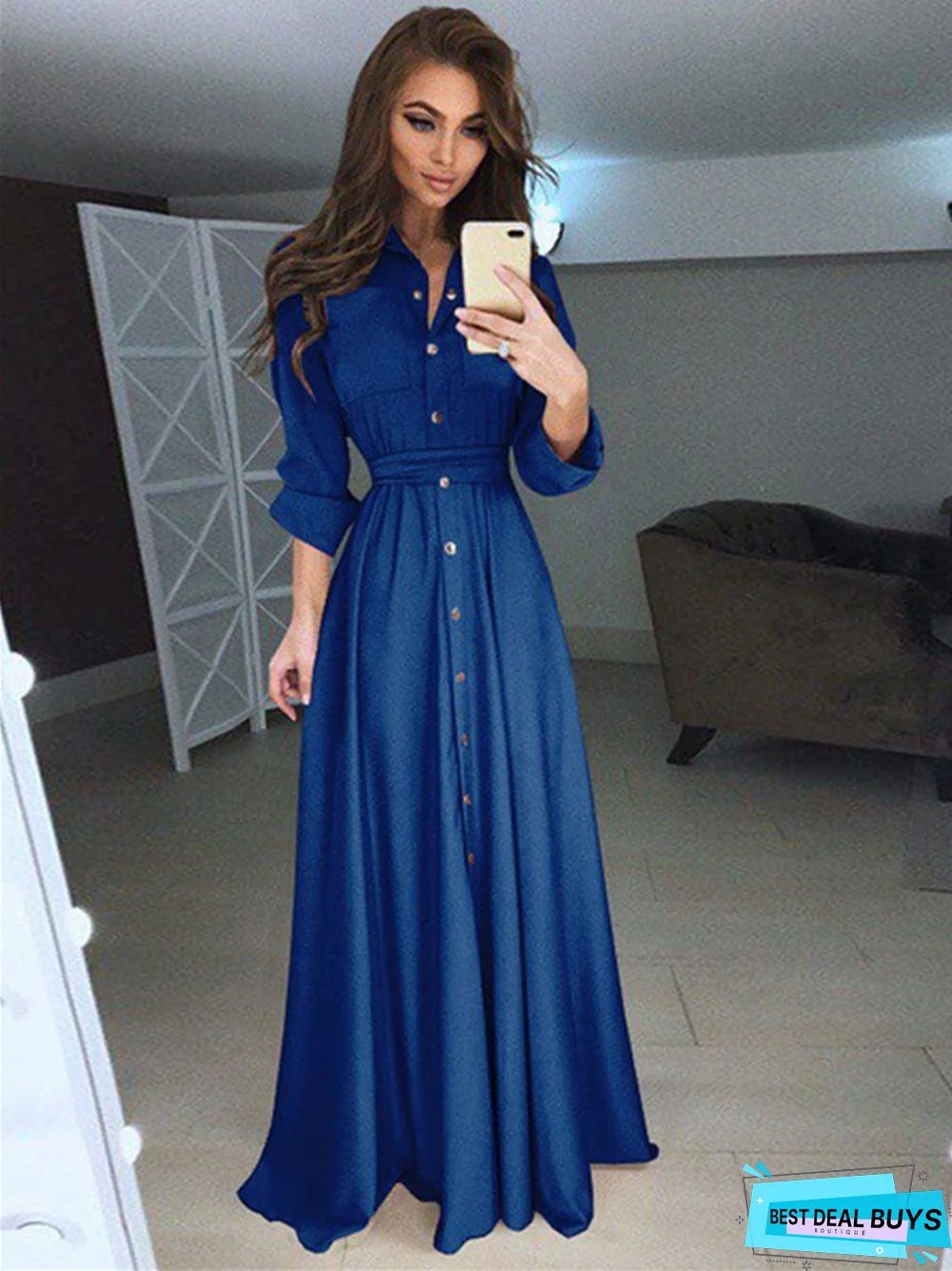 Long Sleeve Button Lace Solid Color Dress