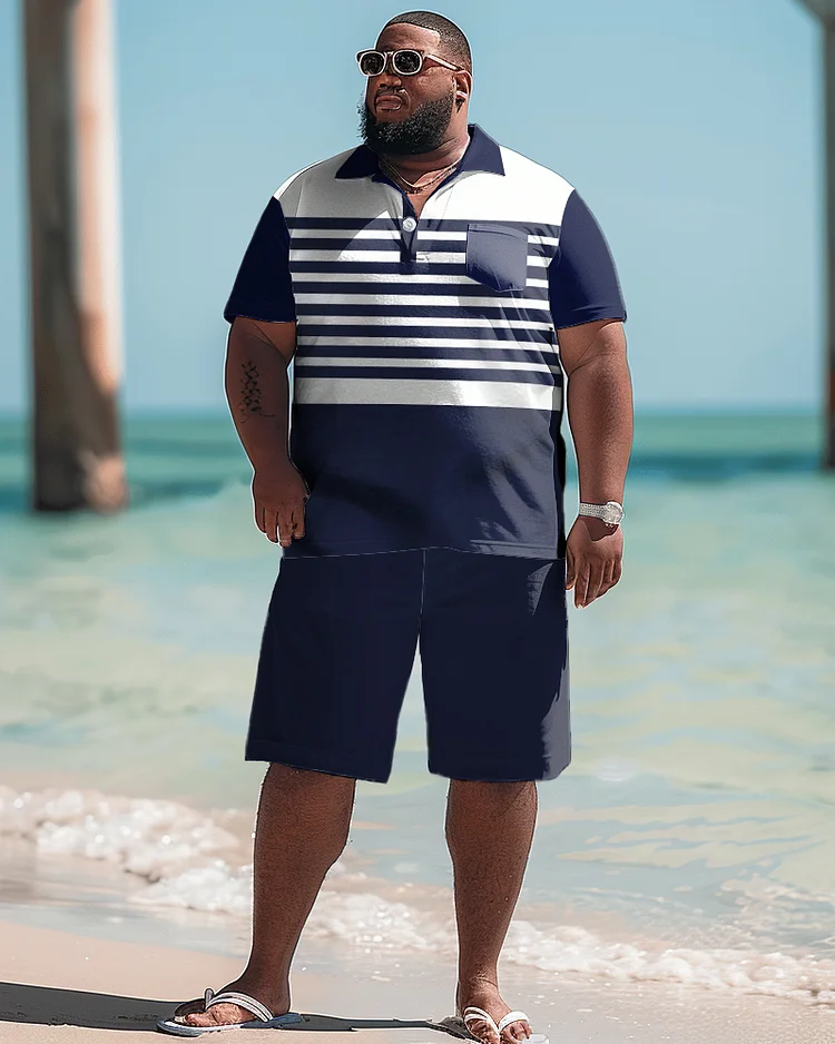 Men's Plus Size Versatile Simple Colorblock Polo Shirt Shorts Suit